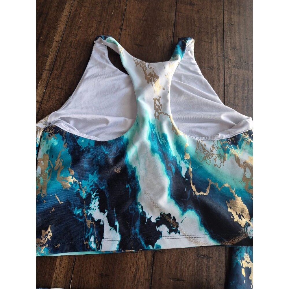 Old Navy Active XL Sports Bra & Leggings Set Blue Gold Marble Print - Picture 3 of 5